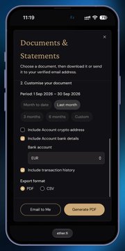 A mobile phone screen displaying a "Documents & Statements" app interface with options to customize document selection, including fields for account crypto address, bank account, EUR currency, and transaction history, with buttons for "Email to Me" and "Generate PDF".