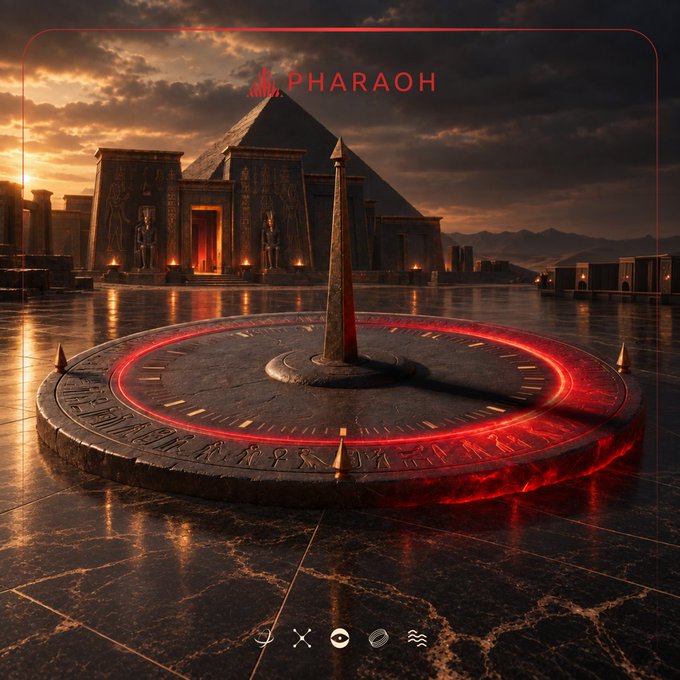 A digital artwork titled 'PHARAOH' depicts a glowing red sundial-like platform in front of an Egyptian pyramid and temple complex at sunset.