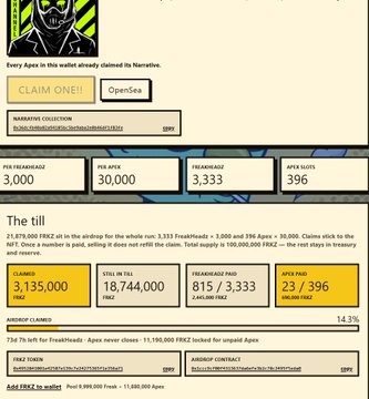 A webpage screenshot showing a giveaway for a 'SHIBASHO COLLECTION' NFT, with details like 3,000 FPX Headheads, 30,000 FPX APY, and a 'CLAIM ONE!!' button.