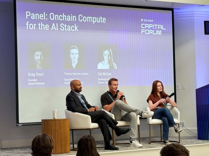 A panel discussion titled 'Panel: Onchain Compute for the AI Stack' at the Solana Capital Forum, featuring three speakers: Greg Osuri (Founder, Akash Network), Trevor Harries-Jones (Board Member, Render), and Cat McGee (Developer, Solana Foundation).