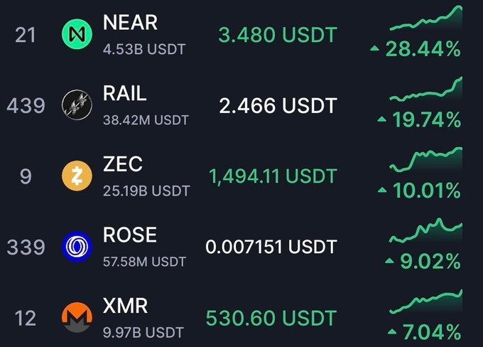 A cryptocurrency price tracker showing gains including NEAR at 3.480 USDT (+28.44%), RAIL at 2.466 USDT (+19.74%), ZEC at 1,494.11 USDT (+10.01%), ROSE at 0.007151 USDT (+9.02%), and XMR at 530.60 USDT (+7.04%).