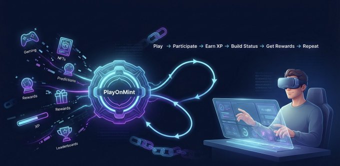 A promotional graphic for "PlayOnMint" showing an illustration of a man wearing a VR headset working on a laptop, with icons for Gaming, NFTs, Predictions, Rewards, XP, and Leaderboards connected to a central glowing hub.