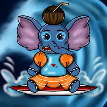 The image features a cartoon elephant sitting on top of a surfboard, wearing an orange life jacket with a heart-shaped design. The background shows a blue ocean wave, adding to the overall theme of the scene. The caption at the bottom of the image reads "Good morning my sweet fam! Happy Wednesday Featuring Lilo & Stitch, so sweet right? Stitch themed Baby elephant is owned by @auspomlaza Lilo is still available and waiting for adoption #stylishbabyelephants".