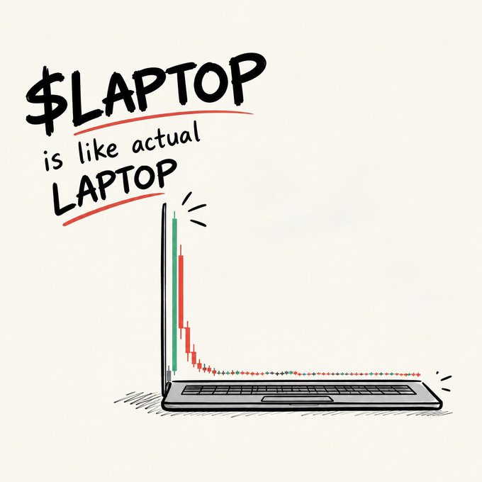 A hand-drawn illustration features a laptop displaying a sharp downward candlestick chart on its screen, paired with the handwritten text "$LAPTOP is like actual LAPTOP," humorously tying the meme crypto token $LAPTOP to a literal laptop, with the plunging chart visualizing the post's "The actual $LAPTOP" sentiment.