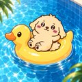A small white cartoon animal floating on a yellow duck swim ring in a pool of blue water.