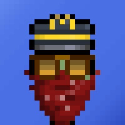 A pixel art character with a gray and yellow hat and a red outfit stands against a blue background.