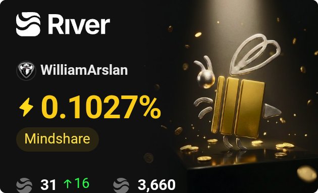 A digital wallet interface shows the 'River' platform with the user 'WilliamArslan' holding 3,660 units of a meme coin, with a Mindshare value of 0.1027%.