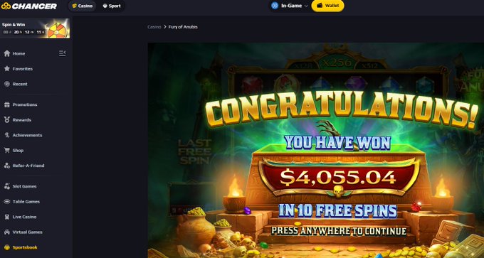 A screenshot of a Chancer casino win screen in "Fury of Anubis" slot, showing a "CONGRATULATIONS! YOU HAVE WON" banner displaying a payout of $4,055.04 achieved in 10 free spins. The image visually corroborates the post's "ALMOST MAX WIN" claim by showcasing the near-maximum multiplier prize displayed prominently on the celebratory win screen.