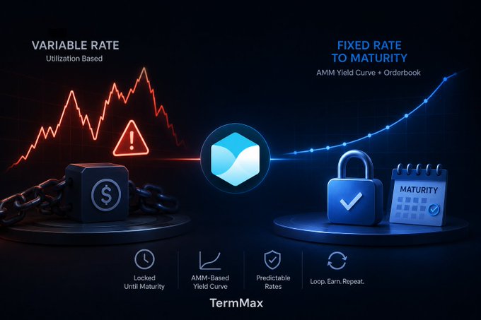 The image shows two blue boxes with a red line connecting them, representing fixed rates to maturity. One box has a dollar sign symbol, while the other has a lock symbol. The boxes are placed against a dark background, which contrasts with their colors. The text in the image explains that these terms can be used interchangeably and provides an example of how they might be applied in real-life situations.