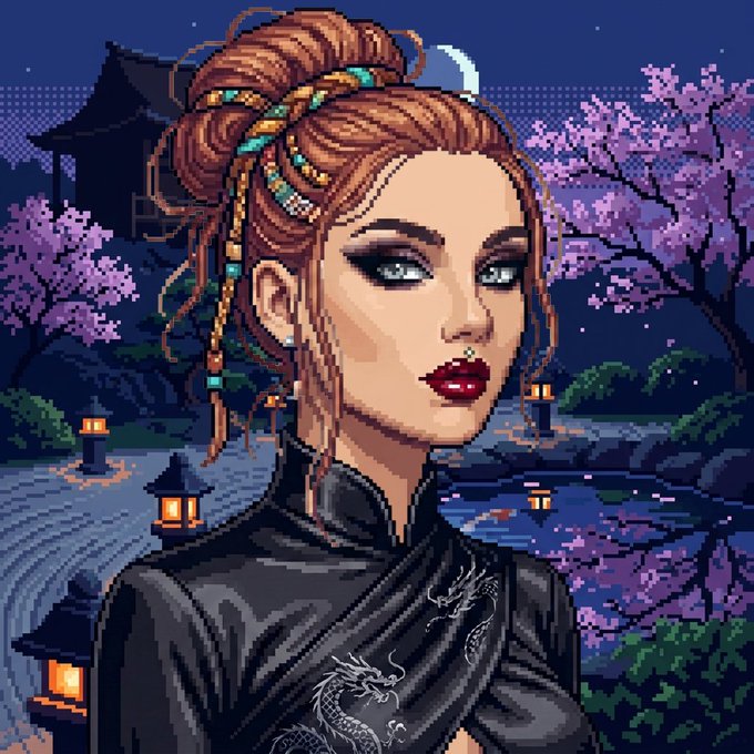 A pixel art portrait of a striking woman with red hair styled in an elaborate updo, wearing a black traditional dress embroidered with a silver dragon, set against a serene Japanese garden backdrop with cherry blossoms, lanterns, and a pagoda. The image evokes the aesthetic themes of an upcoming NFT project teaser, visually setting the mysterious, oriental mood without revealing specific details like supply or chain.