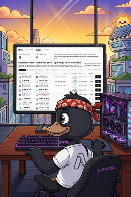 An animated illustration shows a duck character wearing a red bandana sitting at a computer desk displaying the 'Quip' swap interface.