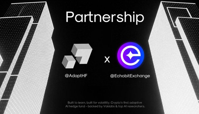 A promotional partnership graphic featuring @AdaptHF and @EchobitExchange logos, with text reading 'Built to learn, built for volatility: Crypto's first adaptive AI hedge fund—backed by Vakılab & top AI researchers.'