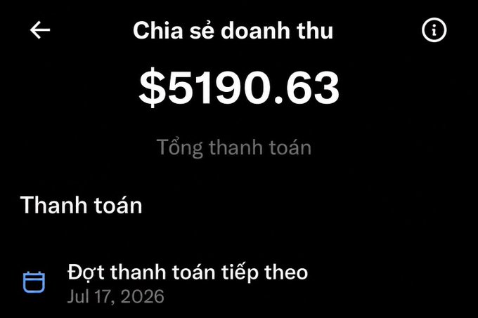A mobile app 'Chia sẻ doanh thu' (Revenue sharing) screen in Vietnamese showing a total payment of $5,190.63 with the next payout scheduled for Jul 17, 2026.