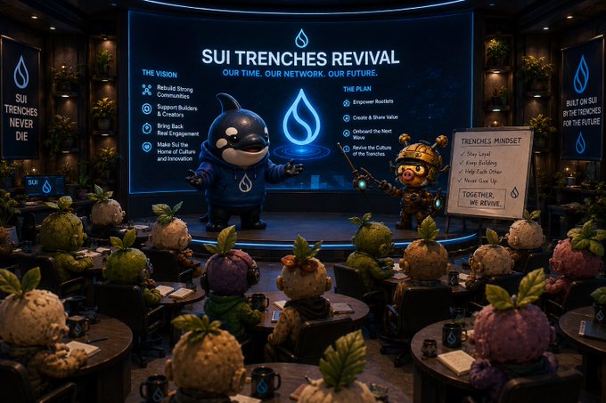 A presentation slide titled "SUI TRENCHES REVIVAL" with the subtitle "OUR TIME. OUR NETWORK. OUR FUTURE." displays a vision and plan alongside cartoon characters, watched by an audience of plant-like creatures with the text "SUI TRENCHES NEVER DIE" on the left.
