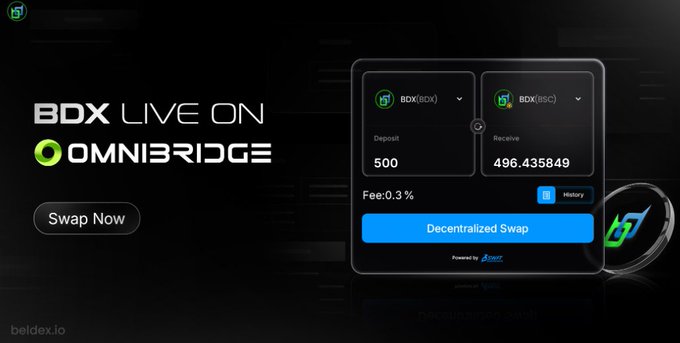 A promotional graphic for a crypto swap service, displaying the text 'BDX LIVE ON OMNIBRIDGE' with a 'Swap Now' button and a transaction window showing 500 BDX(BDX) exchanged for 496.435849 BDX(BSC).