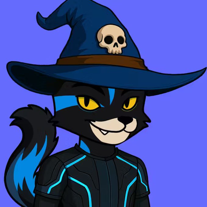 A cartoon black cat-like character wearing a skull-adorned wizard hat and futuristic black armor with glowing blue accents smiles against a purple background. The whimsical, mystical imagery aligns with the post's confident "$COLORS will rise again" sentiment aimed at crypto diamond hands.