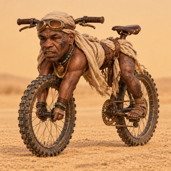Surreal artistic image of a muscular warrior with tribal face paint, desert headwrap, and goggles, merged with a bicycle whose handlebars sit on his head and whose wheels and frame form his limbs, positioned in a sandy desert landscape.