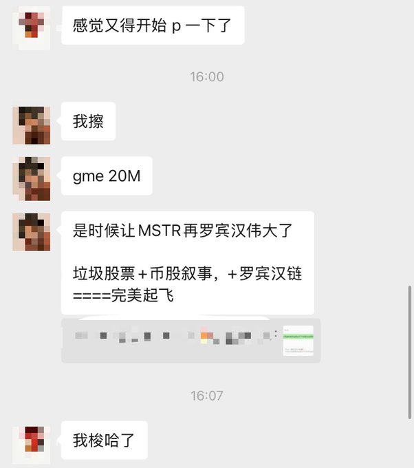 A screenshot of a Chinese messaging app chat containing messages that read '感觉又得开始 p一下了', '我擦', 'gme 20M', '是时候让 MSTR 再罗宾汉伟大了 / 垃圾股票+币股叙事,+罗宾汉链 =====完美起飞', and '我梭哈了'.