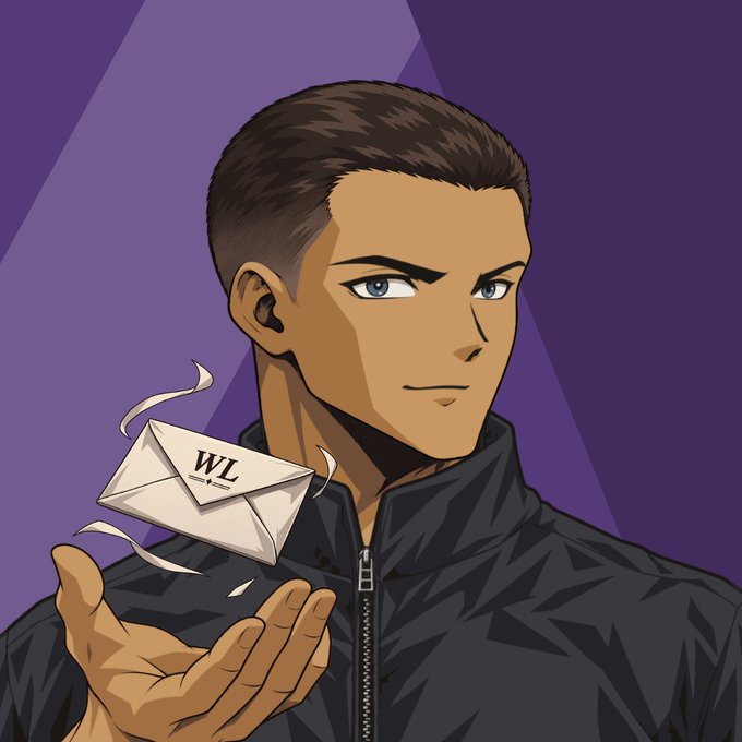 An anime-style character with short brown hair and grey eyes in a dark jacket holds a floating envelope marked 'WL' against a purple background.