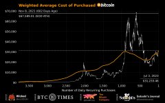 A financial chart from BTC Times titled 'Weighted Average Cost of Purchase (Bitcoin)' displaying Bitcoin's price trajectory over time with a moving average line.