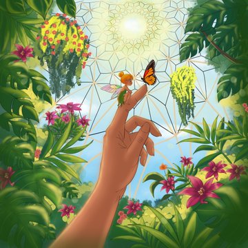 A digital artwork showing a hand reaching toward a butterfly perched on a finger, surrounded by lush green plants, colorful flowers, and a geometric glass dome structure under a bright sun.