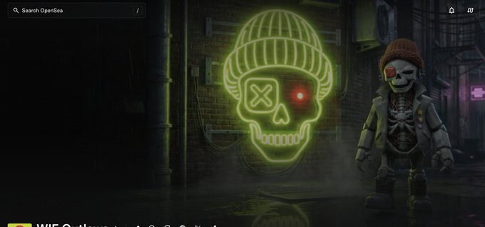A gloomy alleyway scene showing a neon green skull wearing a beanie next to a skeleton figure in a hoodie and beanie, with the OpenSea "Search OpenSea" bar visible at the top. The image appears to be a teaser or listing page for a NFT collection, with partial text at the bottom suggesting "WTF..." branding, fitting the post's question about the mint price for the collection.