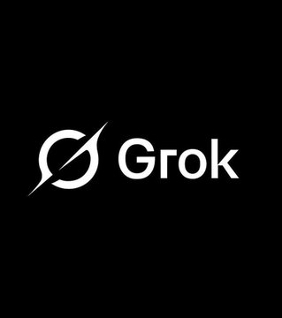 The Grok AI logo displayed in white text with a circular arrow symbol on a black background.