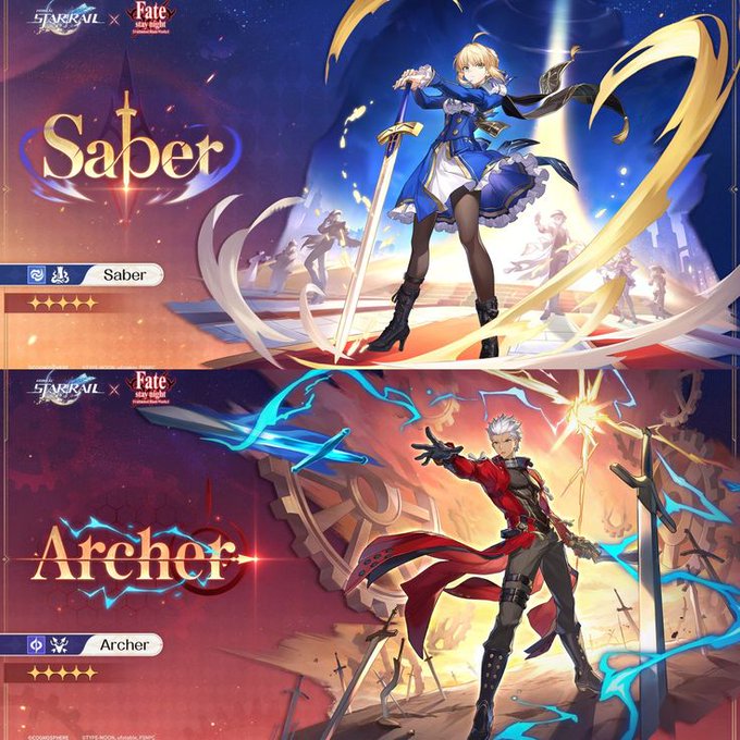 The image features two characters from a video game, one dressed as a princess with a sword and another character dressed as an archer holding a bow and arrow. Both characters are depicted in action poses against a backdrop of a castle or fortress. The title "Saber" is written on the left side of the image, while "Archer" is displayed on the right side. The post also mentions that there's a coin at the bottom of the image.