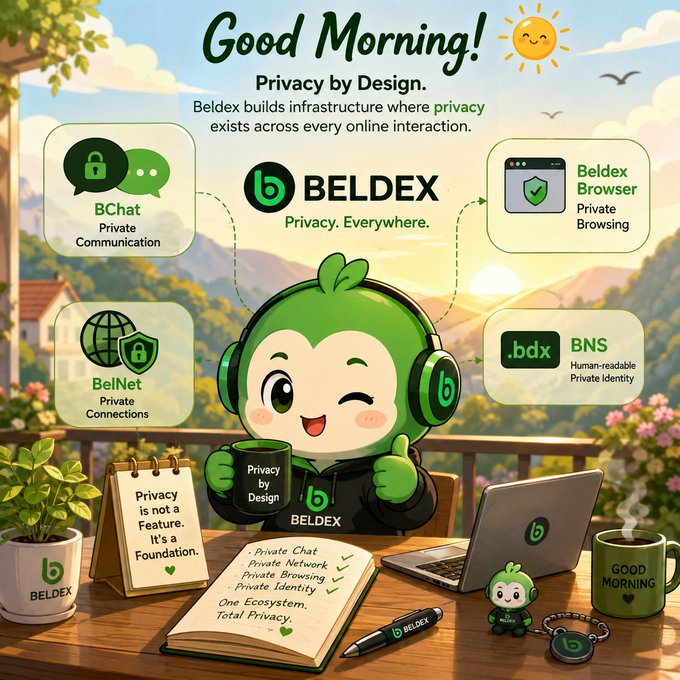 Beldex promotional graphic titled 'Good Morning! Privacy by Design' showing a green mascot character with BChat, BelNet, Beldex Browser, and BNS services arranged around it, emphasizing 'Privacy. Everywhere.'