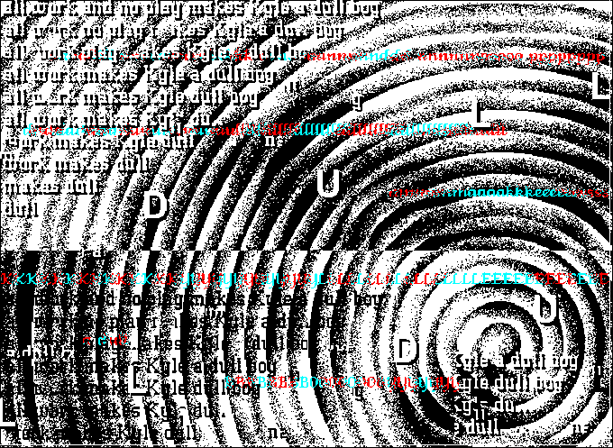 A black and white spiral distortion with overlaid text mentioning 'Eagle and dull boy' in black and red/pink colors, with scattered white letters.