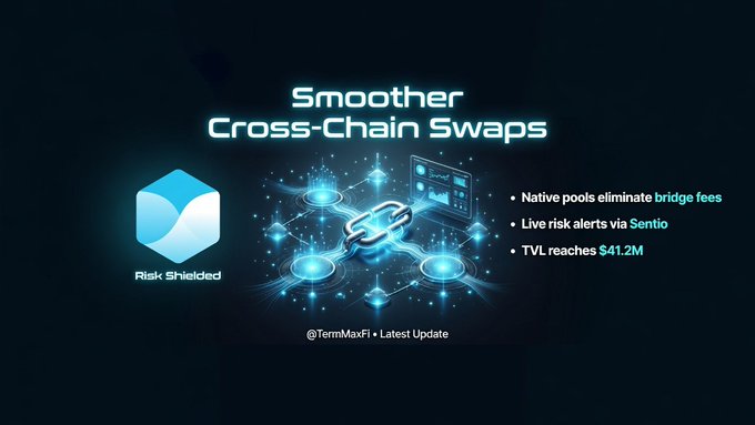 A dark promotional graphic titled 'Smoother Cross-Chain Swaps' featuring a 'Risk Shielded' logo and bullet points: 'Native pools eliminate bridge fees,' 'Live risk alerts via Sentio,' and 'TVL reaches $41.2M,' credited to '@TermMaxFi • Latest Update'.
