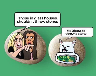 The image is a meme featuring two painted rocks: one depicts two women gossiping with the text "Those in glass houses shouldn't throw stones," while the other shows a smug "Wojak" cat saying, "Me about to throw a stone." 

This humorously relates to the post by suggesting that even when warnings ("don't throw stones" / "living under a rock") point to an obvious outcome, some people still proceed confidently — implying that the crypto "super cycle" is so evident that only those oblivious to it would doubt it.