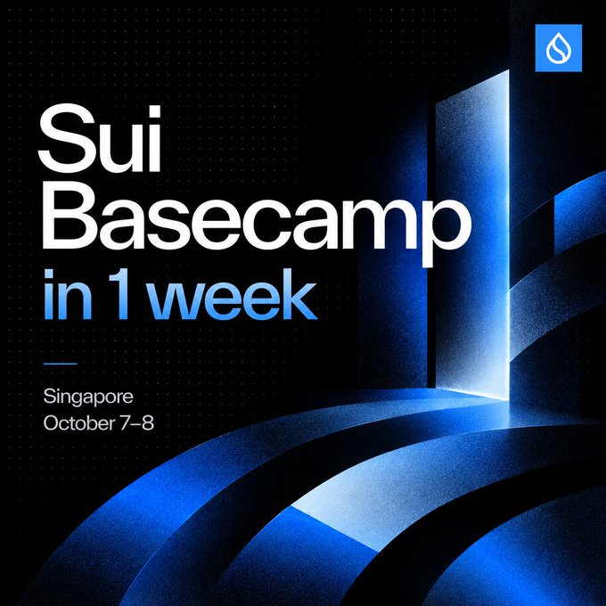 Promotional graphic for 'Sui Basecamp in 1 week' event in Singapore on October 7-8, featuring the Sui logo and a dark blue abstract design with a glowing doorway.