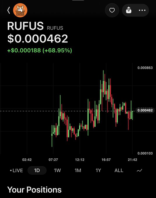 A financial trading app screen displaying the price chart for the cryptocurrency 'RUFUS' at $0.000462, showing a 24-hour gain of +68.95%.