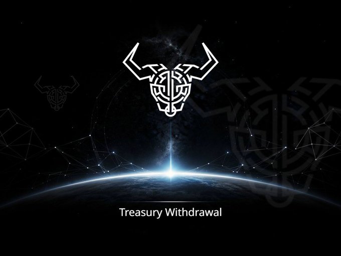 The image shows a dark, cosmic-themed graphic featuring a geometric bull/ox head logo at the center, with a glowing light beneath it and text reading "Treasury Withdrawal" at the bottom, set against a backdrop of Earth from space with network-like constellation lines. The "Treasury Withdrawal" label likely refers to a Cardano governance proposal (CIP-1694 era), aligning with the post's call to support the Daedalus wallet project, which the poster argues is essential infrastructure worth funding through the treasury as Cardano advances into its full-node wallet and governance phase.