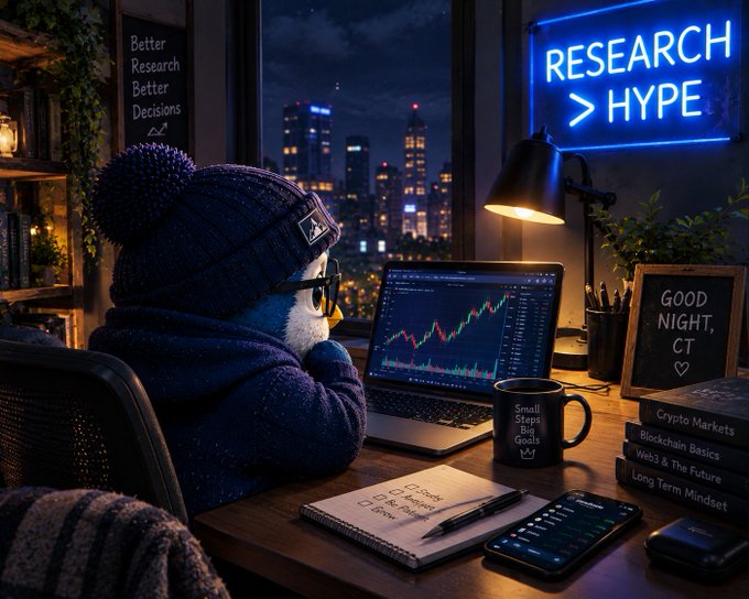 A cozy nighttime workspace scene featuring a stuffed penguin-like character in a knit hat working at a desk with a laptop showing stock/crypto charts, a neon 'RESEARCH > HYPE' sign, a 'GOOD NIGHT, CT' chalkboard, and books labeled 'Crypto Markets', 'Blockchain Basics', 'Web3 & The Future', and 'Long Term Mindset'.