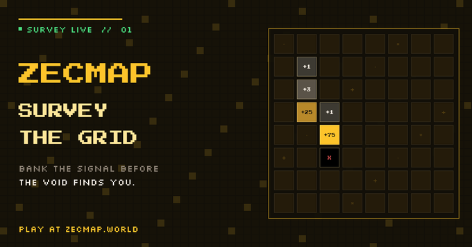 A pixelated game interface titled 'ZECMAP SURVEY THE GRID' with the tagline 'BANK THE SIGNAL BEFORE THE VOID FINDS YOU. PLAY AT ZECMAP.WORLD', showing a grid with numbered tiles.