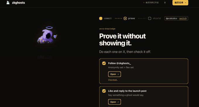 A dark-themed website screenshot for 'zkghost$' with the tagline 'Prove it without showing it,' listing tasks like 'Follow @zkghost$' and 'Like and reply to the launch post' with 'Open' buttons.