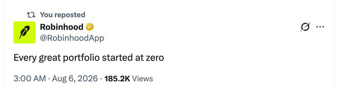 A screenshot of a reposted tweet from Robinhood (@RobinhoodApp) with the caption "Every great portfolio started at zero," posted at 3:00 AM on Aug 6, 2026, with 185.2K views. The image relates to the post about UnVault's preparation to enter the NFT marketplace, emphasizing the message that successful ventures begin from scratch.