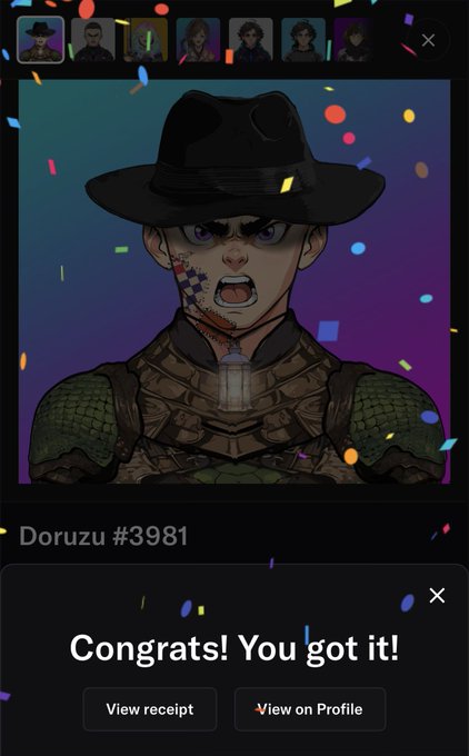 A digital NFT character reveal screen showing 'Doruzu #3981' with the message 'Congrats! You got it!' and options to view receipt or profile.