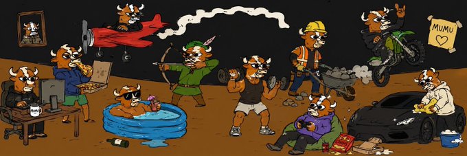 This image depicts various bull characters engaged in activities ranging from trading on computers and relaxing in pools to working and riding motorcycles, with a "MUMU" sign in the background. The image visually represents the idea of multiple "bullish" scenarios and activities, aligning with the post's theme of $MUMU gaining attention and showing signs of strength.