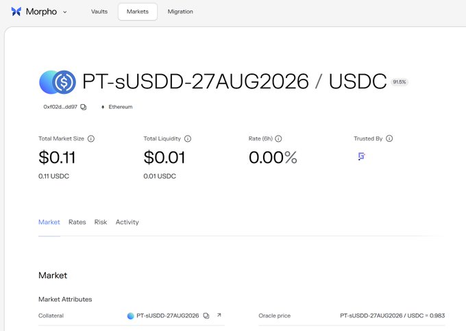 The image presents a screenshot of an Excel worksheet titled "Morpho" showing information about the cryptocurrency market. The table displays various details such as the PT-sUSDD/USDC markets and their respective trading activities, providing users with insights into the current crypto landscape. Additionally, the post is about a major expansion in the cryptocurrency ecosystem and emphasizes how users can benefit from new options for fund management through markets like the PT-sUSDD or USDC.