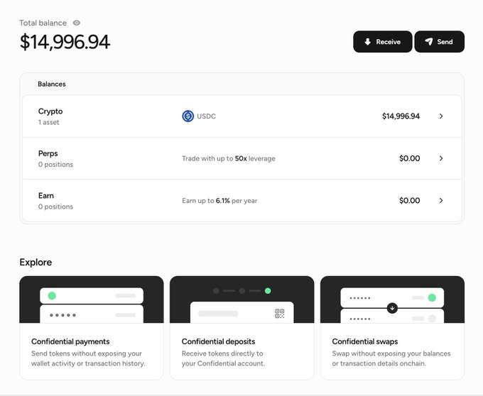 A cryptocurrency wallet interface shows a total balance of $14,996.94 in USDC, with options to trade Perps with up to 50x leverage and earn up to 6.1% per year.
