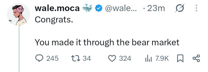 A screenshot of a tweet from verified user @wale.moca reads "Congrats. You made it through the bear market" with 7.9K views and 324 likes, posted 23 minutes before the image. The caption notes that Wale posted this right before the next two candles turned red, making it a telling "sign" about market conditions.