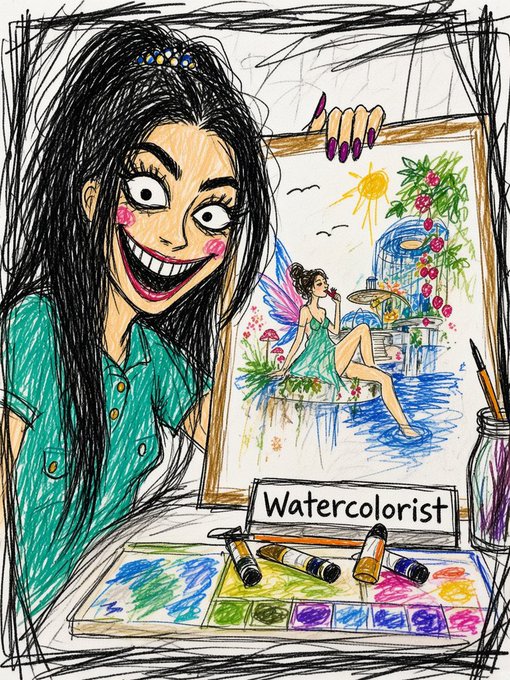 A digital drawing of an excited woman holding a watercolor painting labeled 'Watercolorist', with art supplies scattered on a table.