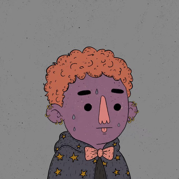 An illustrated cartoon character with curly orange hair, purple skin, sweating, and wearing a star-patterned hoodie with a pink bow tie.