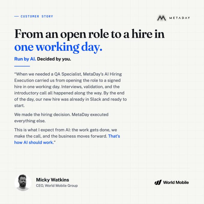A MetaDay customer story titled 'From an open role to a hire in one working day' featuring a testimonial from Mickey Watkins, CEO of World Mobile Group, about their AI Hiring Execution experience.