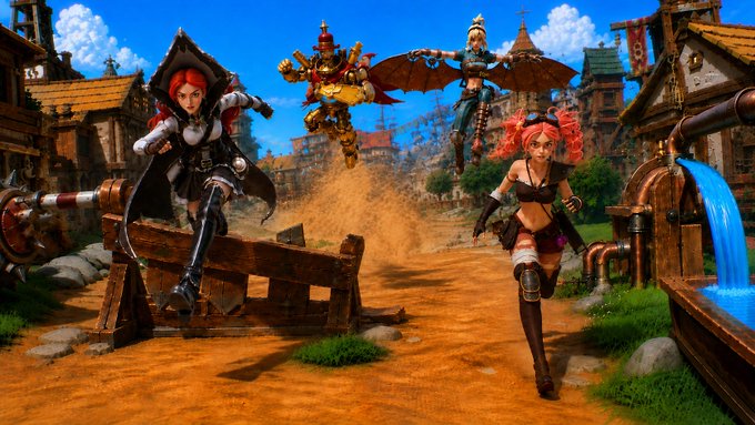 A vibrant, steampunk-themed fantasy scene shows various action figures and characters running along a dirt path through a village, with flying figures hovering in the background against a bright blue sky.