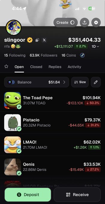 A mobile screenshot of the slingoor crypto trading account showing a $351,404.33 portfolio (+13,111.07 / 2.7%), with holdings including The Toad Pepe ($101.94K), Pistacio ($79.37K), LMAO! ($62.02K), and Qenis ($33.53K).