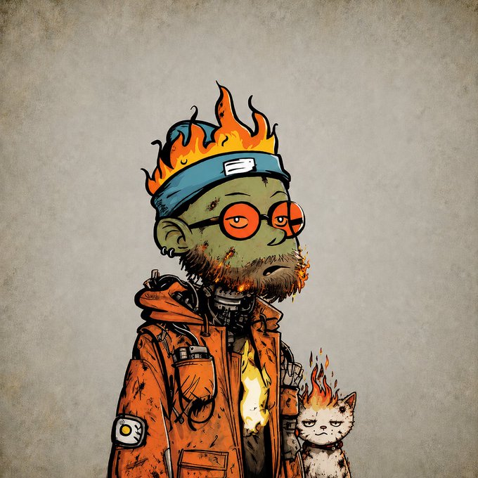 A zombified figure with a flaming beanie and glowing red eyes wears a scorched orange jacket featuring a fried egg patch and lit chest emblem, standing beside a tiny equally-derpy cat with its head on fire—matching the "Burner 2183" vibe of a burnt-out, glitchy digital avatar with a malfunctioning flame motif.